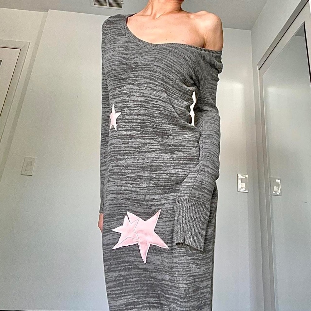 🤍VINTAGE REWORKED KNIT GREY/ LIGHT PINK STAR MAXI SWEATER DRESS🤍